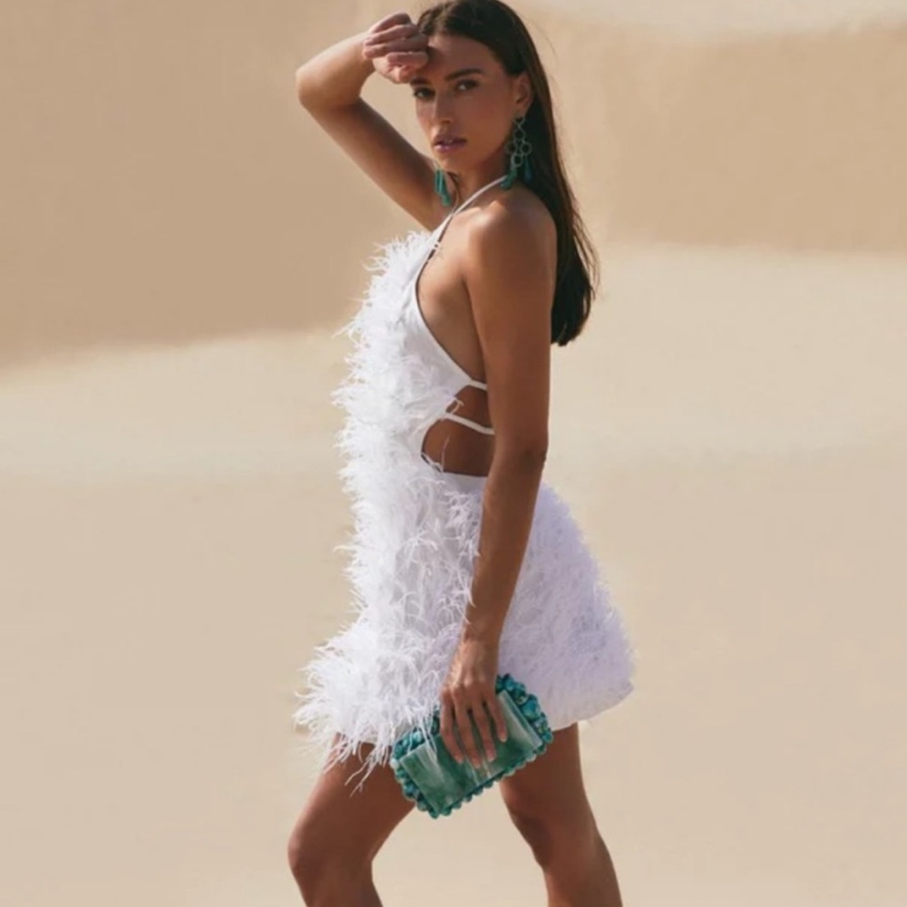 Cult Gaia Vale Shannon White Bridal Mini Dress Feather - Picture 3 of 15